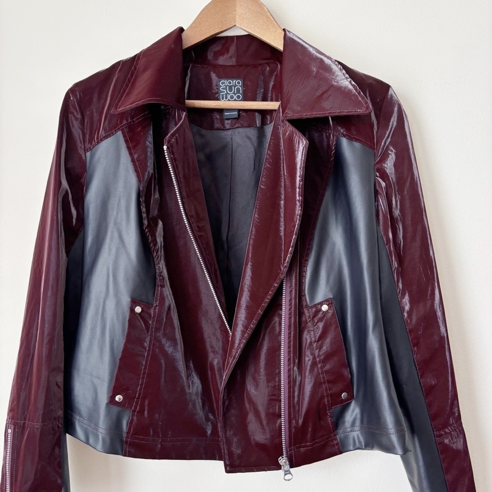 Clara Sunwoo Mulberry Vinyl + Liquid Leather Panel Zip Cuff Jacket Small - Picture 6 of 12